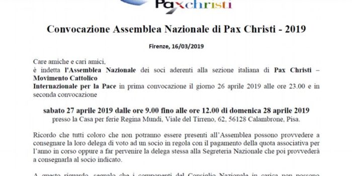 Convocazione Assemblea Nazionale di Pax Christi – 2019