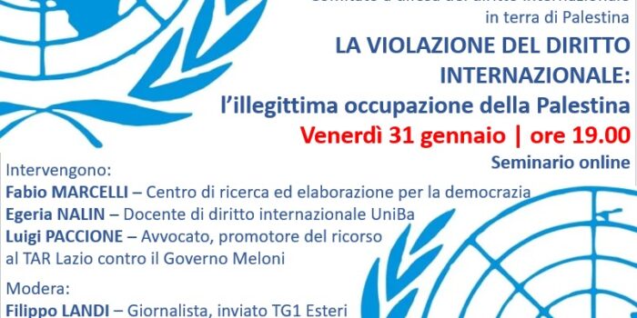31 gennaio, online – Ponti e non Muri: Seminario – l’illegittima occupazione della Palestina